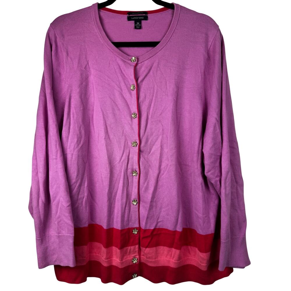 Lands' End Colorblock Cardigan Size 3X Button Front Pink Red 100% Supima Cotton